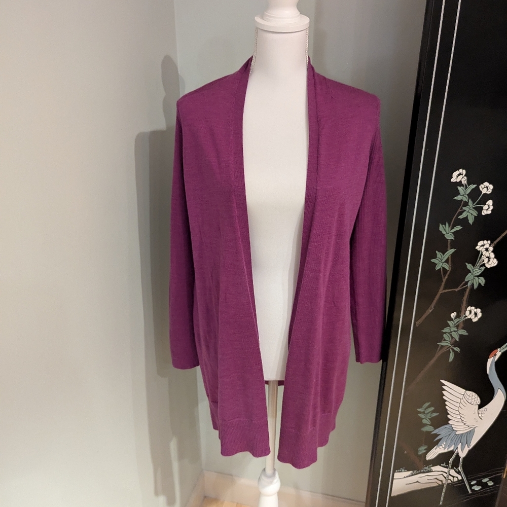 Eileen Fisher Women's PS Merino Wool Berry Purple Open Long Cardigan Sweater 150